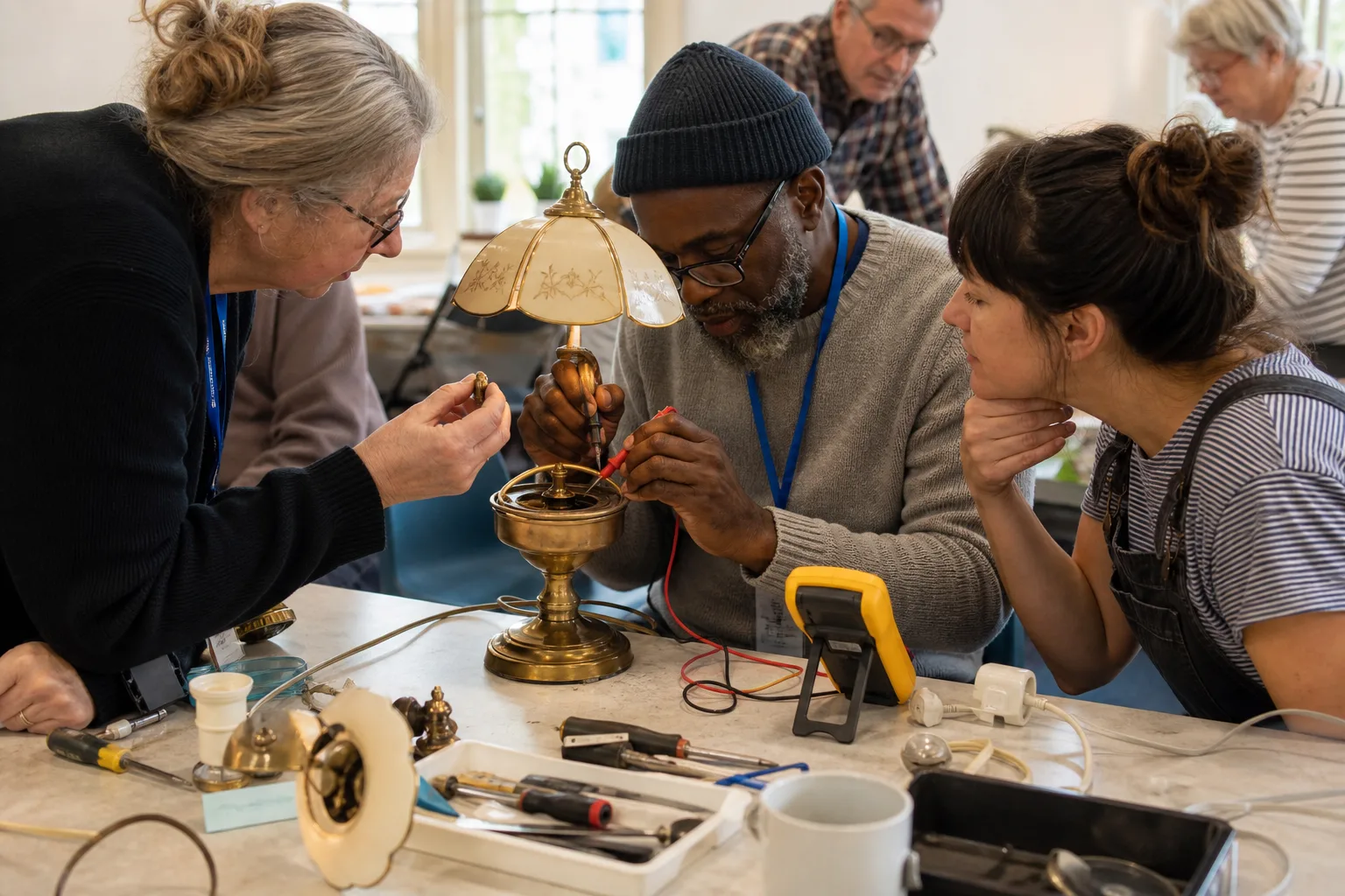 Repair volunteers examining a household lamp safely at a work table