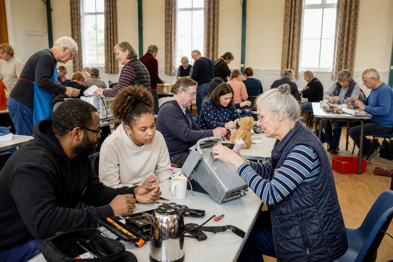 A welcoming community hall with volunteers helping visitors at repair tables