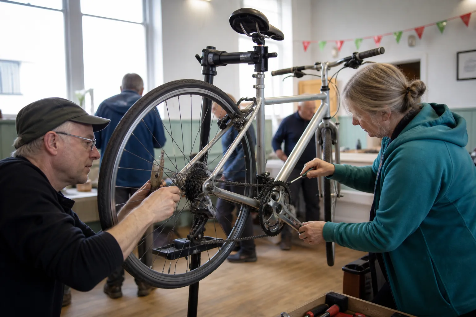 Volunteers adjusting a bicycle on a repair stand in a community hall