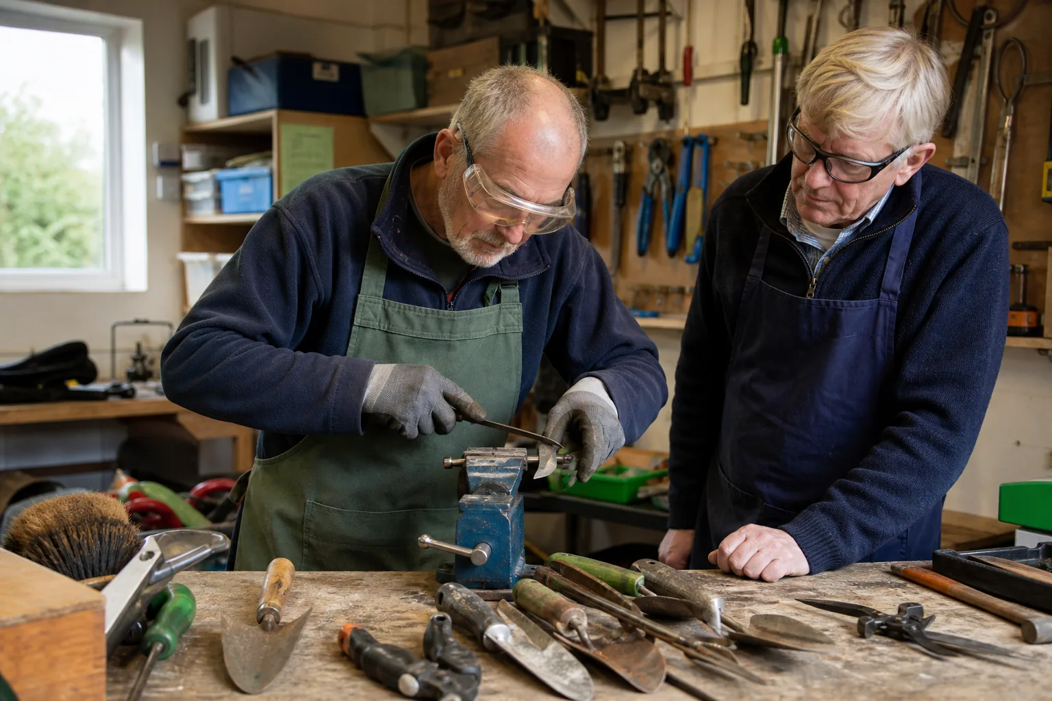 A volunteer restoring garden hand tools at an organised repair bench