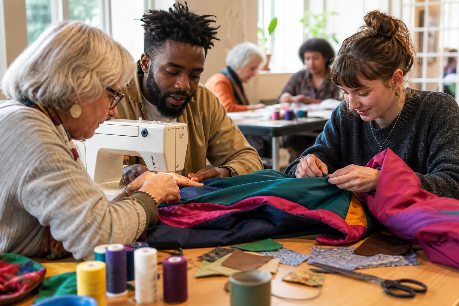 A colourful jacket being repaired by volunteers at a textile table