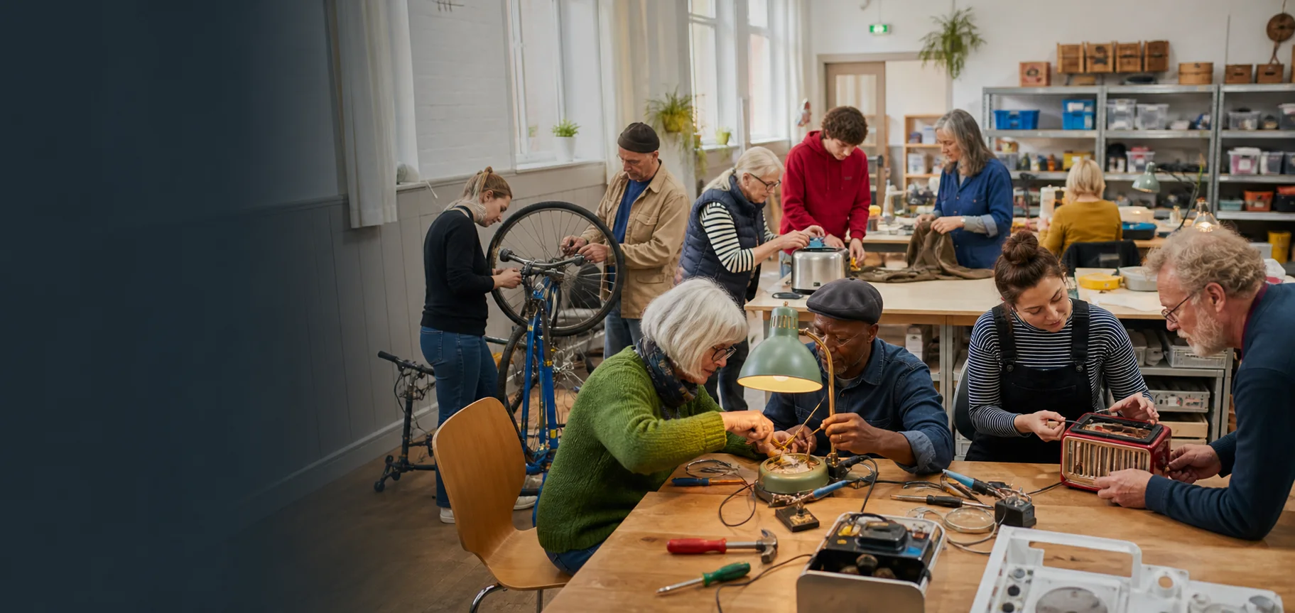 Volunteers and neighbours repairing household items together at a community repair session